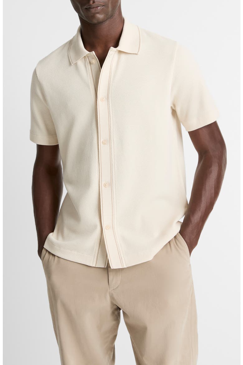 Short Sleeve Jacquard Cotton Knit Button-Up Shirt, Main, color, BONE/ RIVER SAND