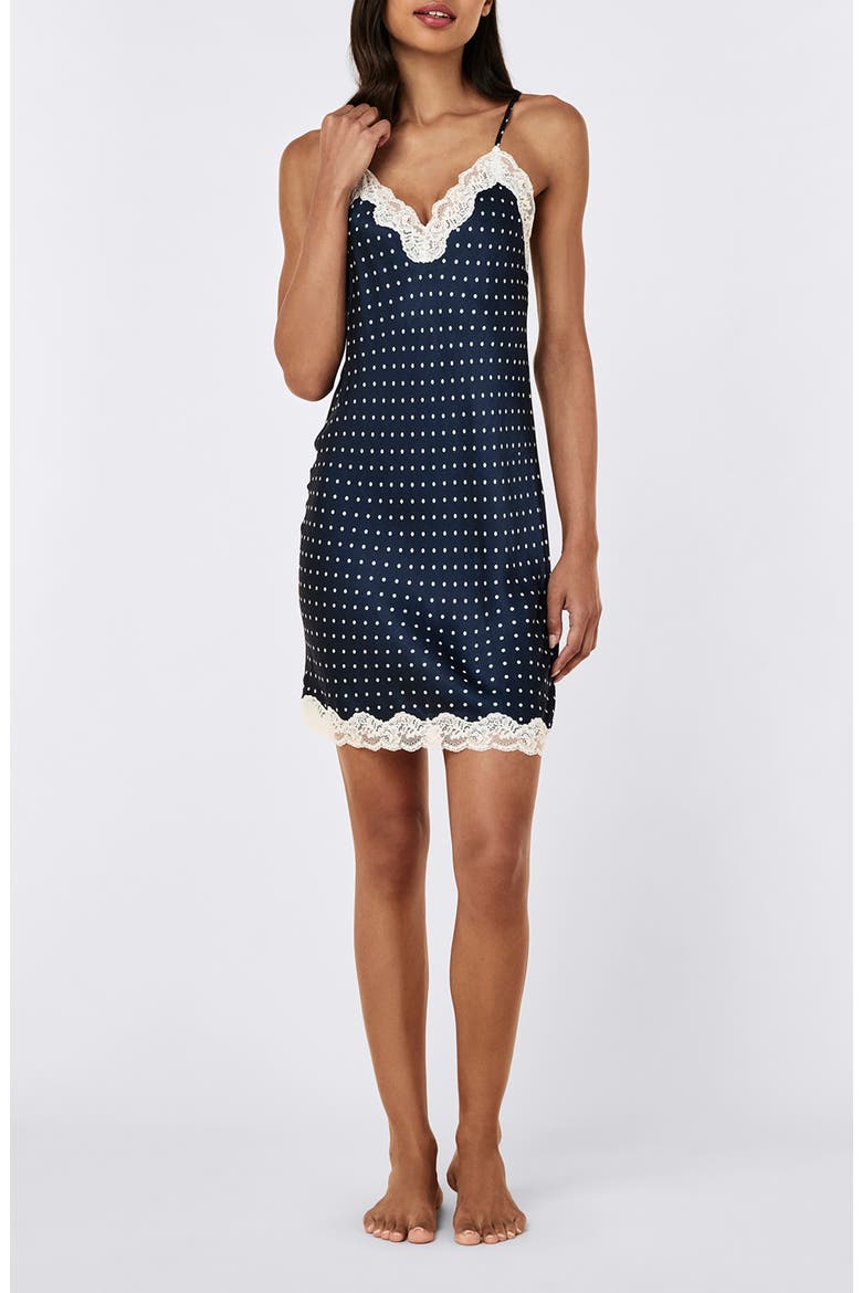 Annabelle Lace Trim Satin Chemise, Alternate, color, DEEP NAVY/ MINI CREAM SPOT