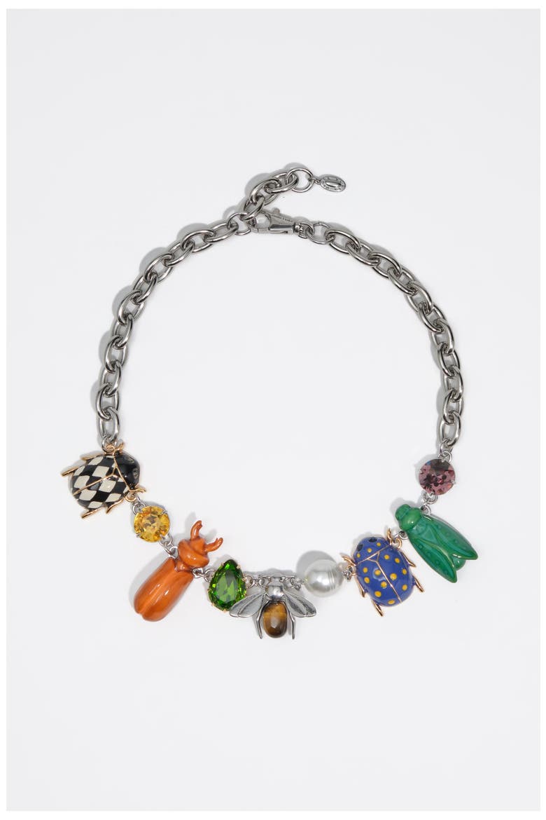 Enamel Beetle Necklace with Crystals, Main, color, DARK SILVER