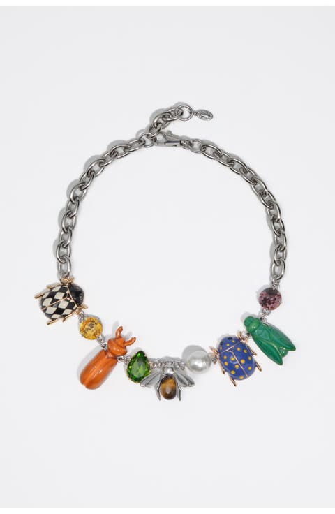 Enamel Beetle Necklace with Crystals