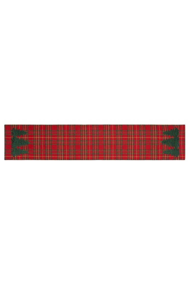 Spruce Pine Tree Embroidery on Plaid Runner 14" x 72", Alternate, color, Green