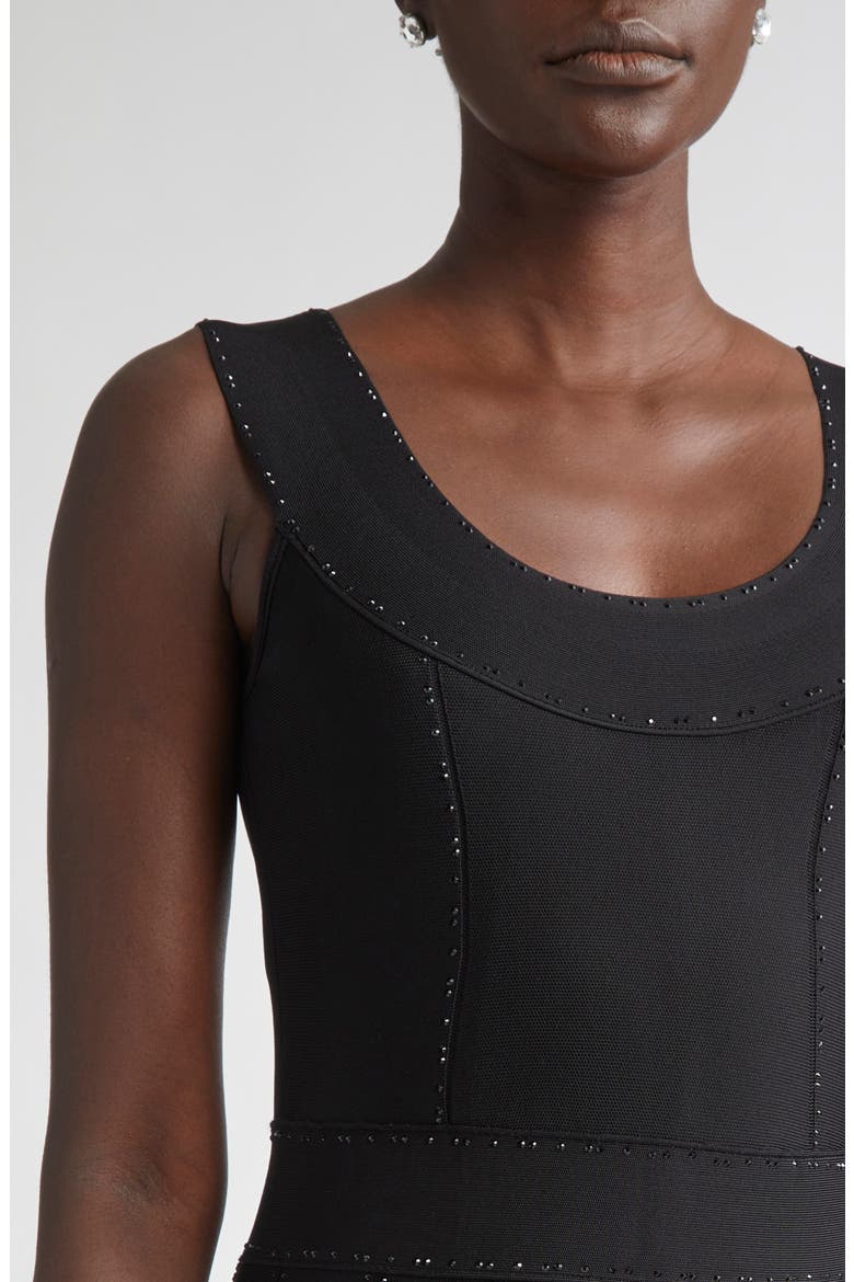 Crystal Embellished Pleated Piqué Gown, Alternate, color, BLACK
