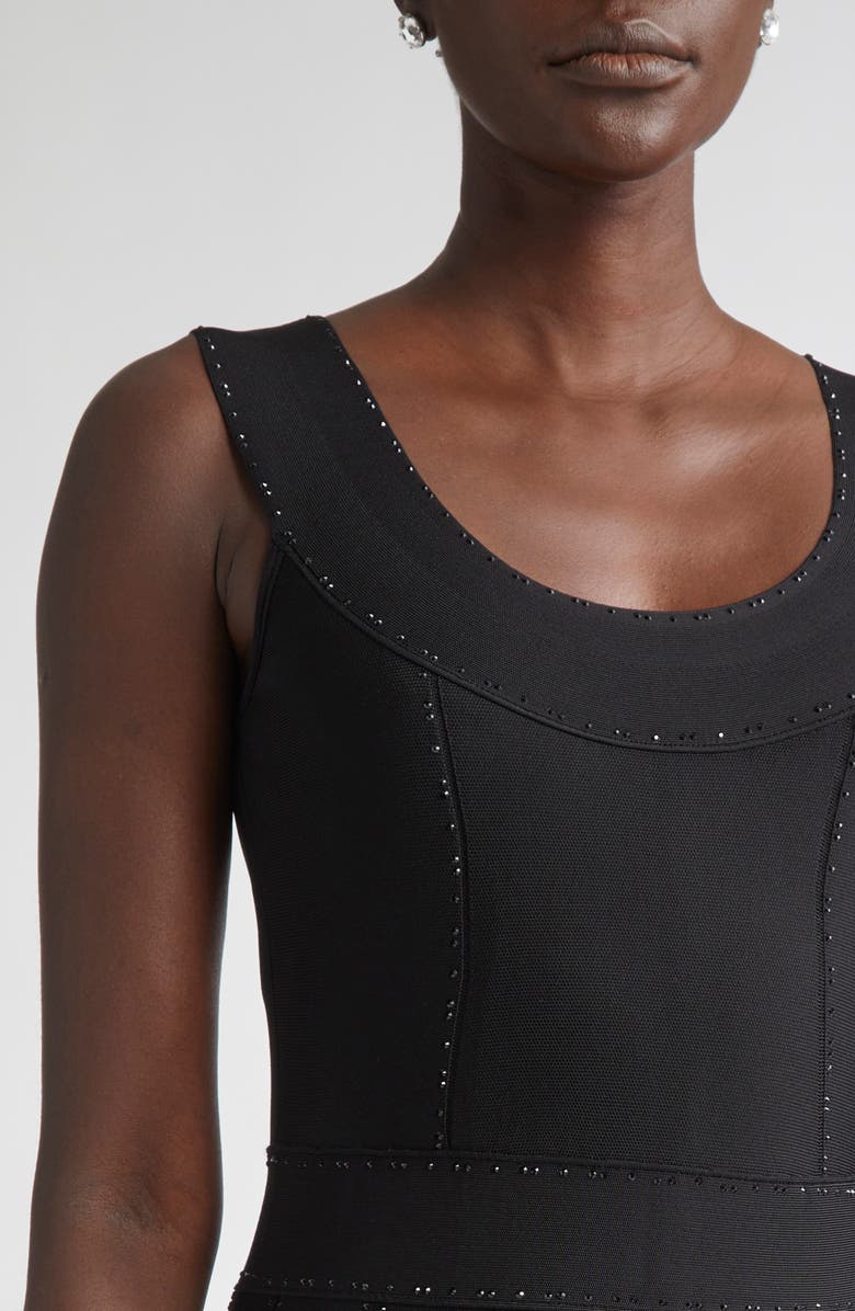 ST. JOHN Crystal Embellished Pleated Piqué Gown, Alternate, color, Black