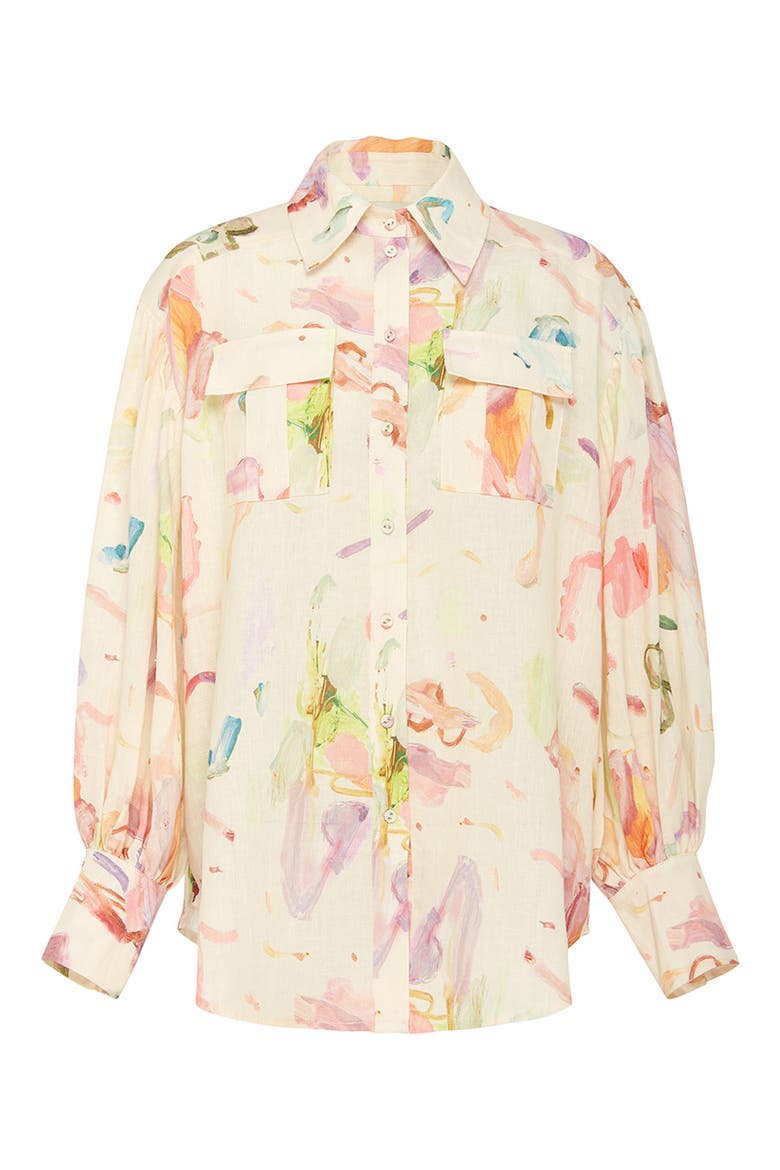 Annie Utility Floral Print Linen Button-Up Shirt, Main, color, IVORY/ ROSE