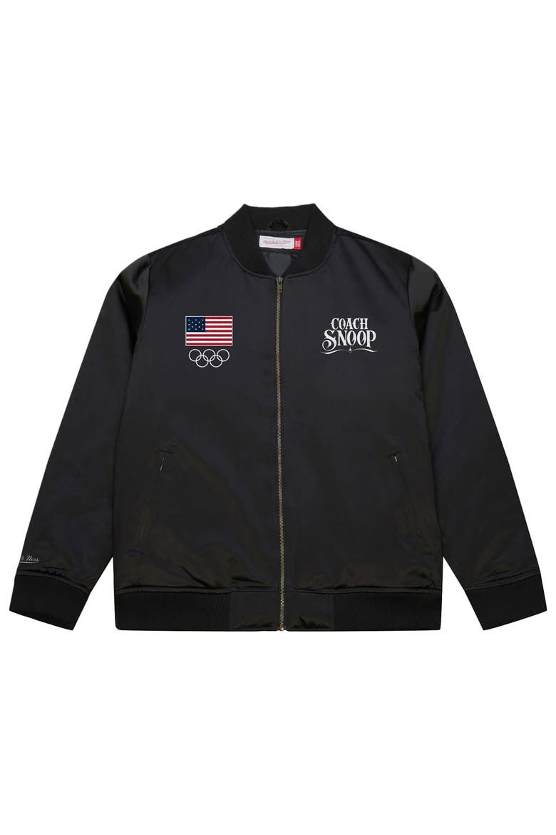 Men's Mitchell & Ness Black Team USA Coach Snoop Satin Full-Zip Bomber Jacket, Main, color, Black
