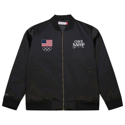 Men's Mitchell & Ness Black Team USA Coach Snoop Satin Full-Zip Bomber Jacket
