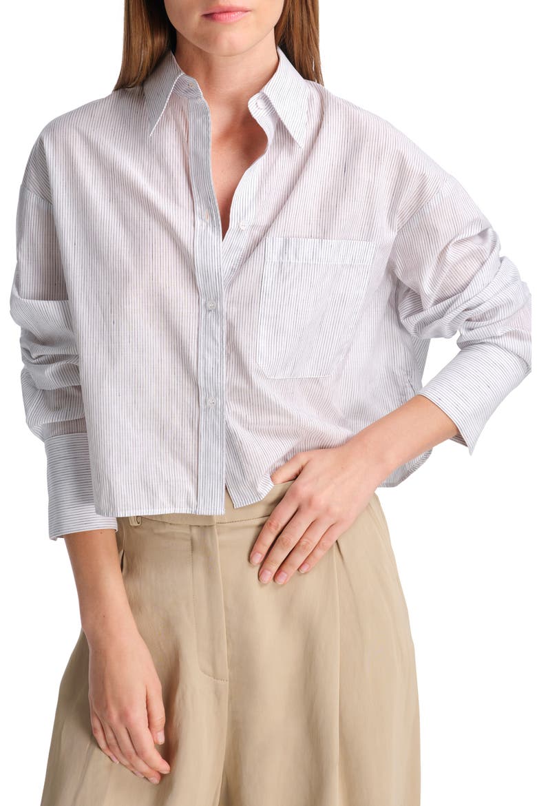 Little Big Joe Stripe Cotton & Linen Crop Button-Up Shirt, Main, color, WHITE/ CHARCOAL