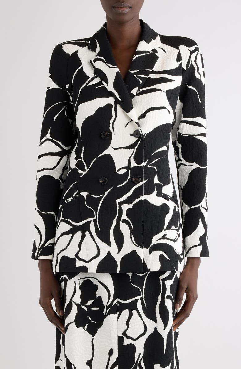 Dries Van Noten Floral Screenprint Jacquard Longline Blazer, Main, color, Black