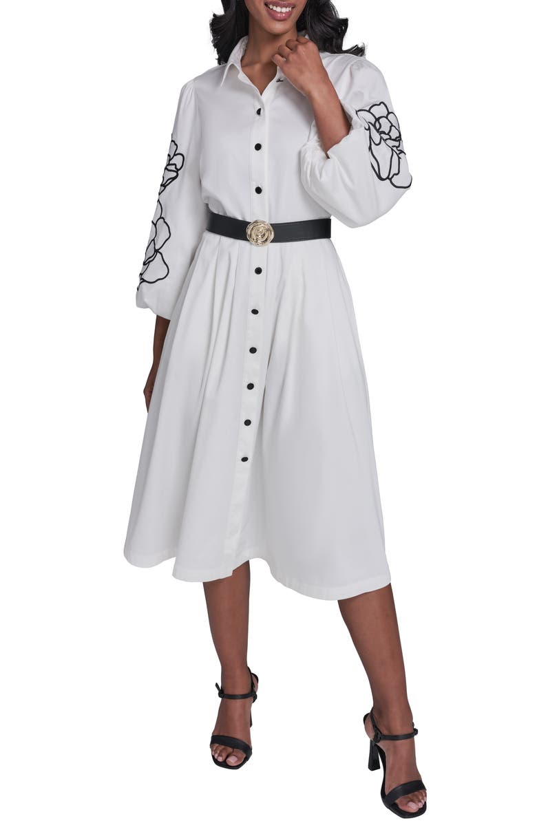 KARL LAGERFELD PARIS Floral Stitch Belted Midi Dress, Main, color, Soft White