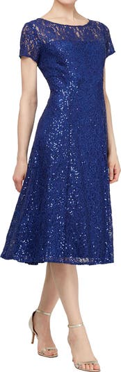 slim fit dress slacks Tea Length Mesh Sequin Blouson Dress – S.L. Fashions main image 0