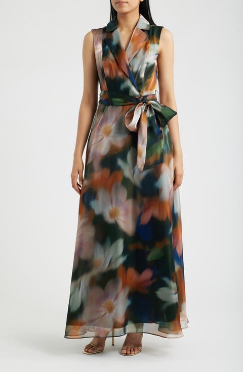 Print Tie Waist Sleeveless Organza Gown