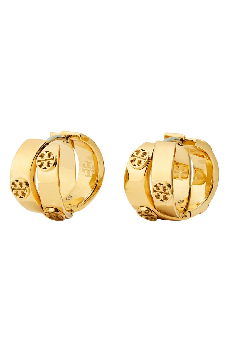 Tory Burch Miller Icon Double Huggie Hoop Earrings, Main, color, Tory Gold