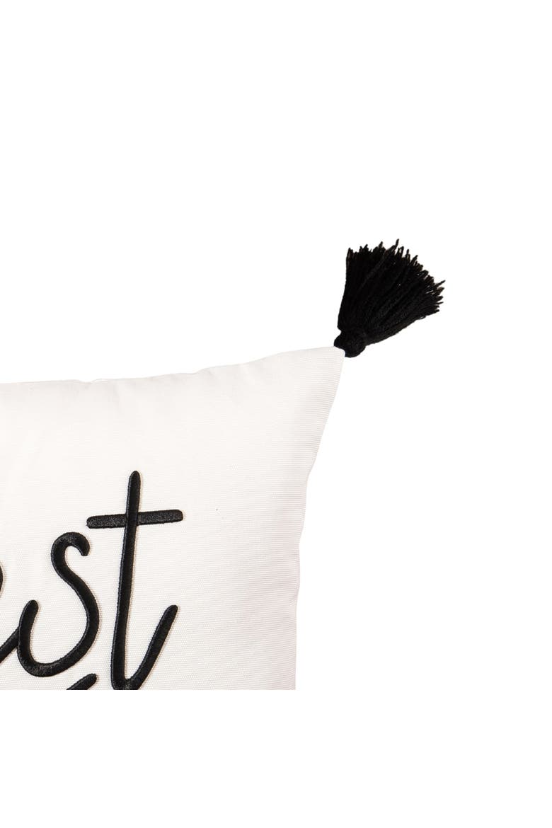 Decorative "Be Our Guest" Cursive Script Embroidered Accent Pillow, 12" x 24" w/ Black Tassels, Alternate, color, White