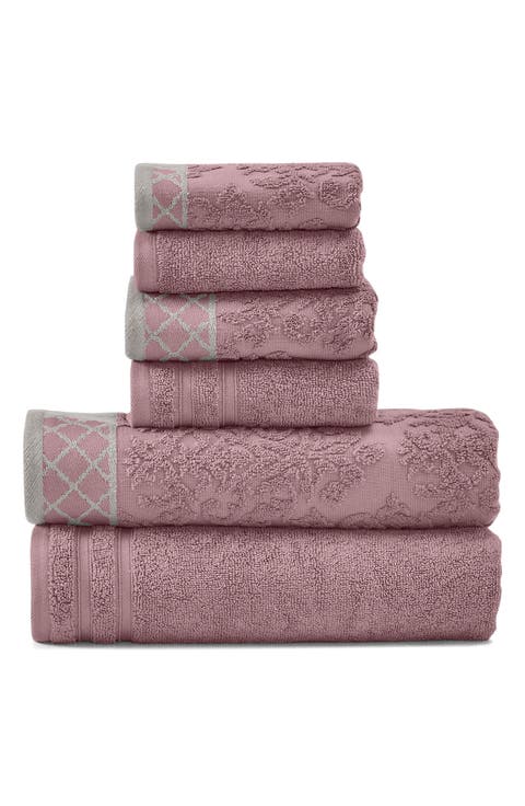Embellished Border Damask Jacquard Towel 6-Piece Set - Grey