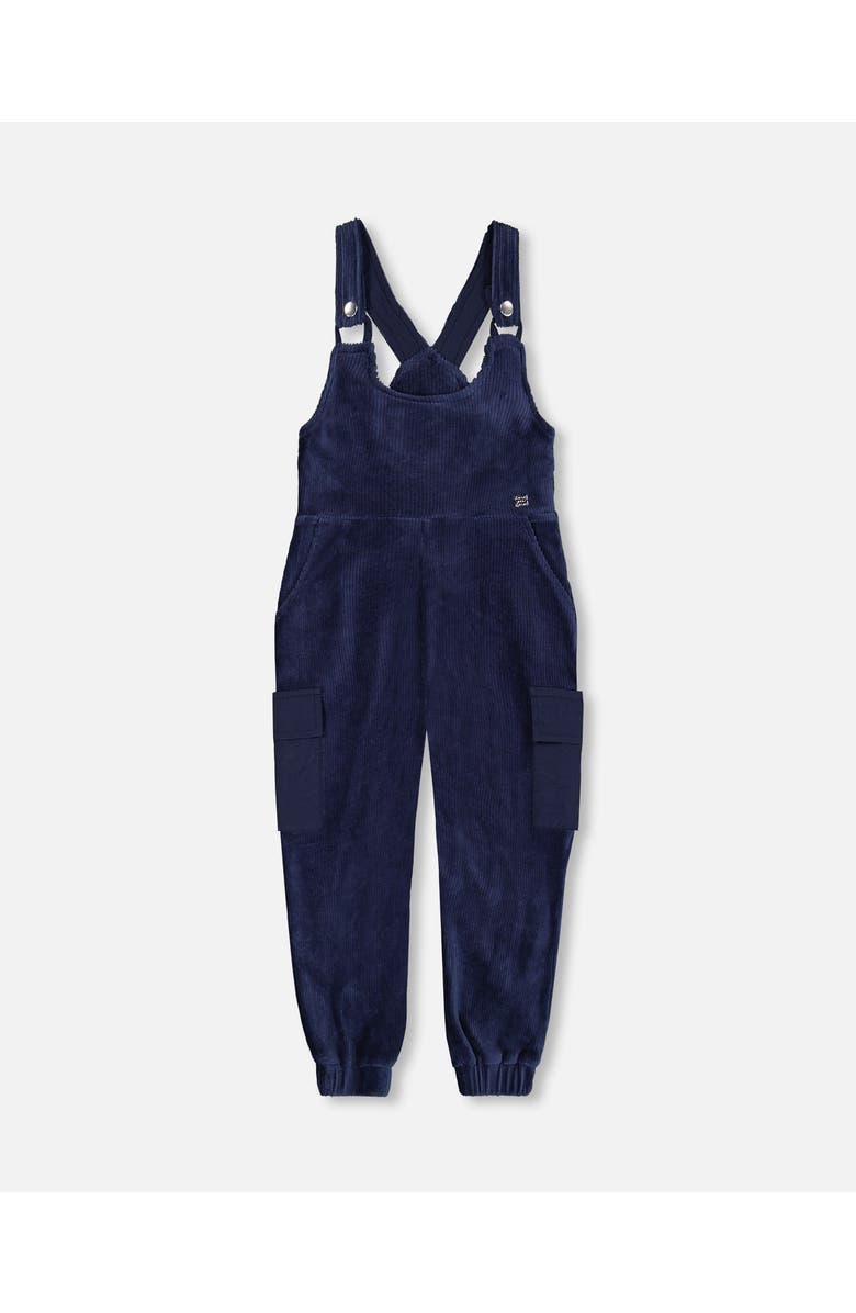 Deux par Deux Girl's Velvet Stretch Cargo Overalls Navy, Main, color, 