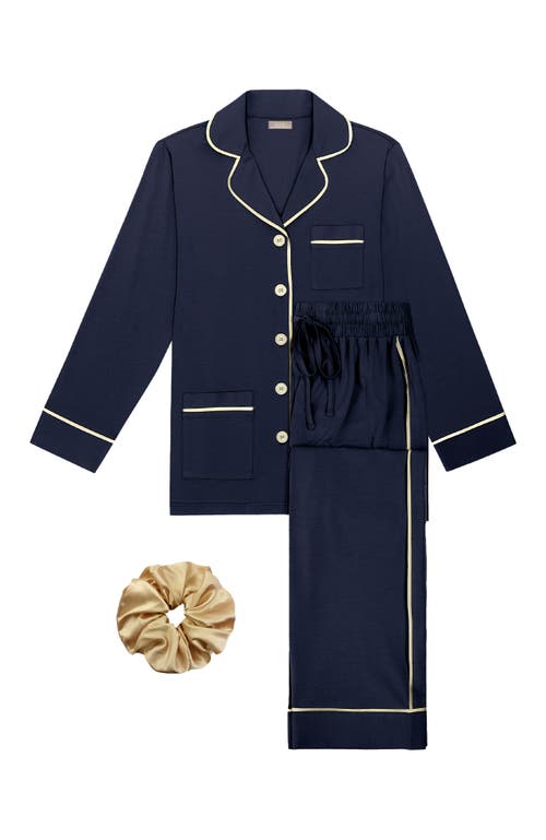 Kip. Kip Luxe Stretch Cotton Long Pajama Gift Set In Midnight Blue
