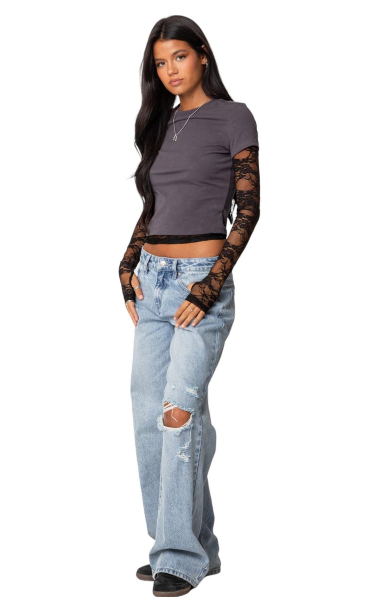 EDIKTED Layered Lace Long Sleeve T-Shirt, Alternate, color, Gray