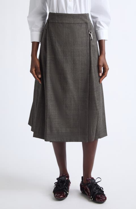 Tailored Clip Kilt Glen Plaid Stretch Wool Midi Skirt
