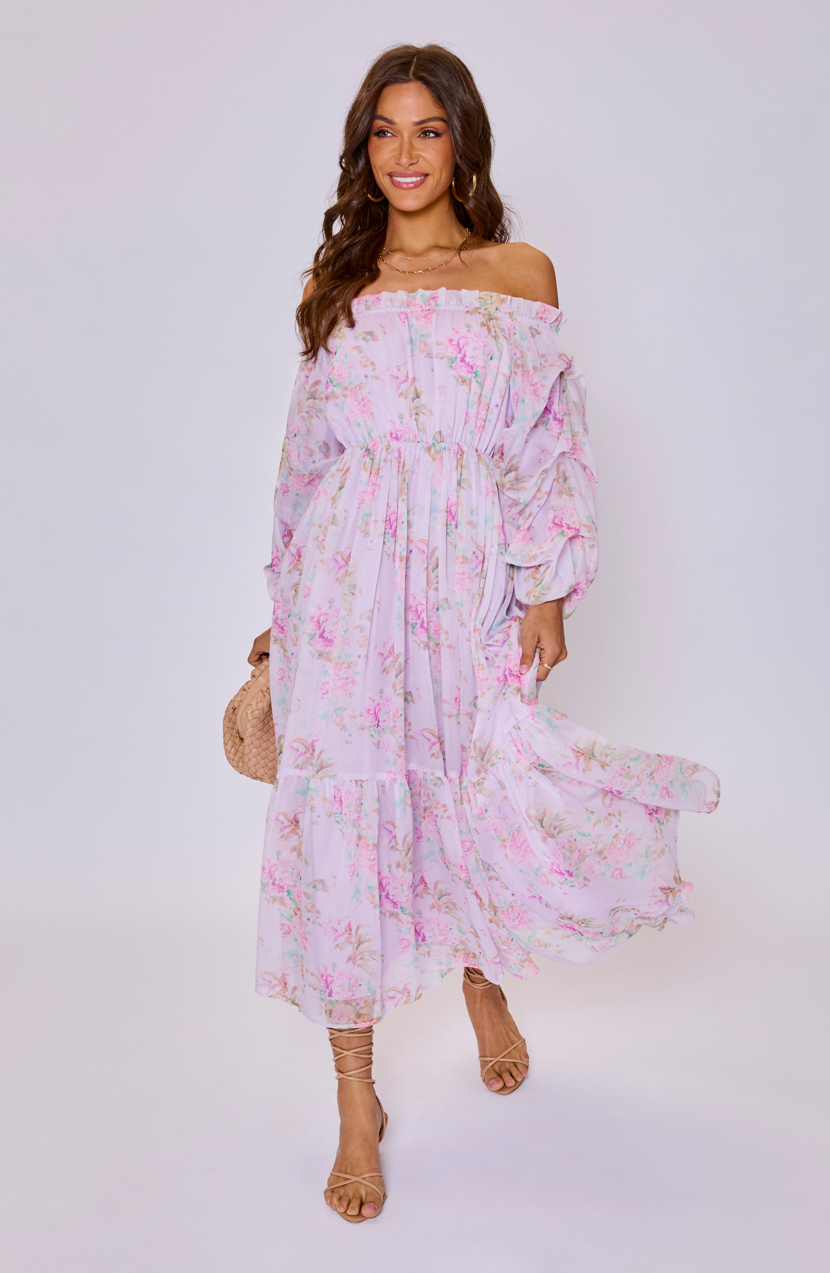 pink floral off the shoulder maxi dress Floral Blooms Off The Shoulder Belted Maxi Dress - Pink Multicolor