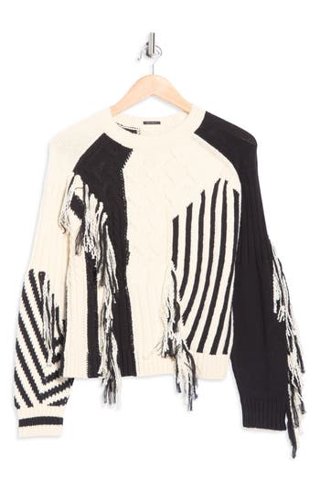 Mother The Jumper Colorblock Cable Stitch Fringe Sweater