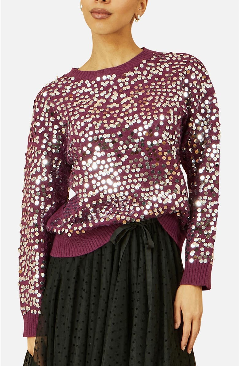 Yumi Sequin Relaxed Fit Sweater, Alternate, color, Burgundy