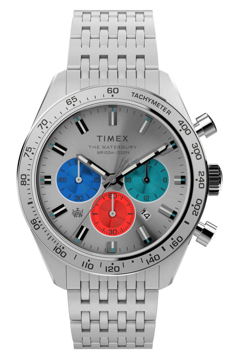 Waterbury Dive Chronograph Bracelet Watch, 41mm, Main, color, SILVER/ SILVER/ SILVER