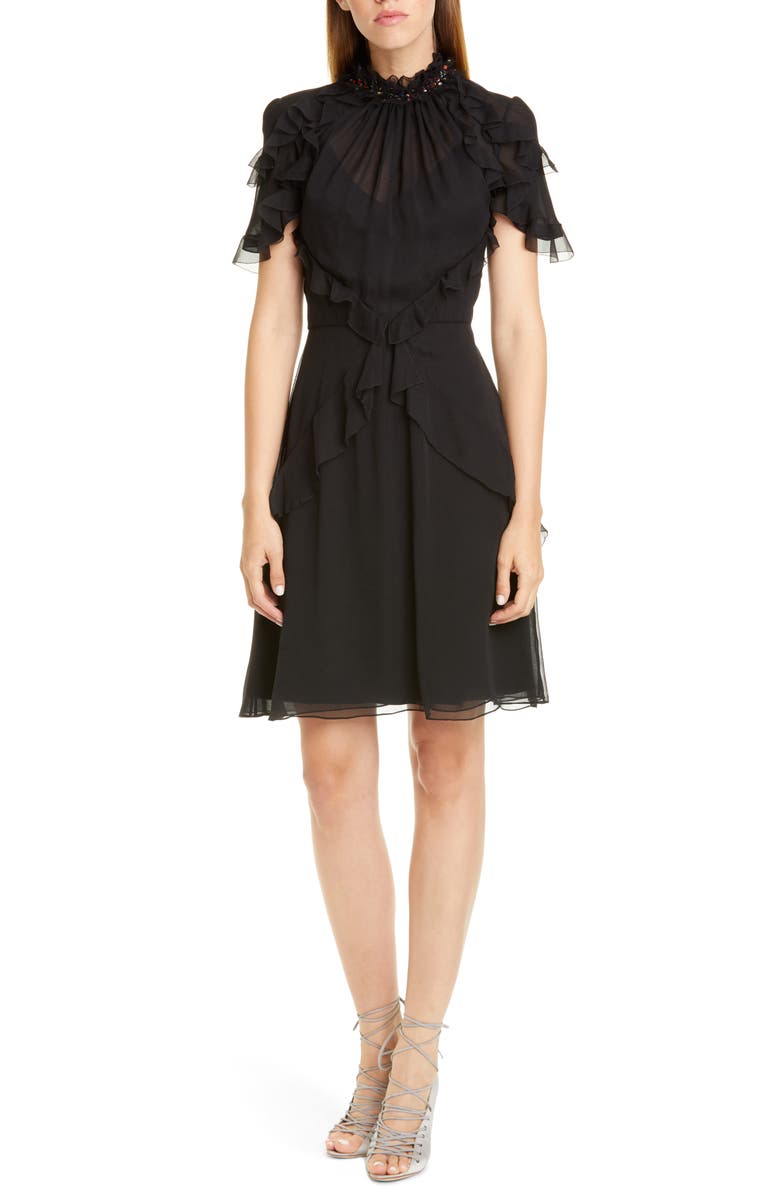 Jason Wu Collection Sequin Neck Ruffle Silk Chiffon Dress, Main, color, 