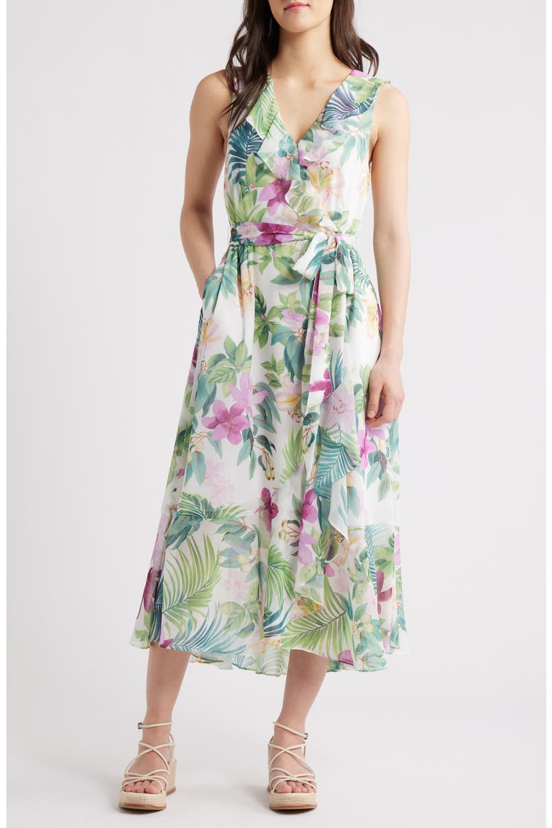 Tropical Bliss Tie Waist Faux Wrap Maxi Dress, Main, color, WHITE