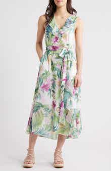 Tropical Bliss Tie Waist Faux Wrap Maxi Dress