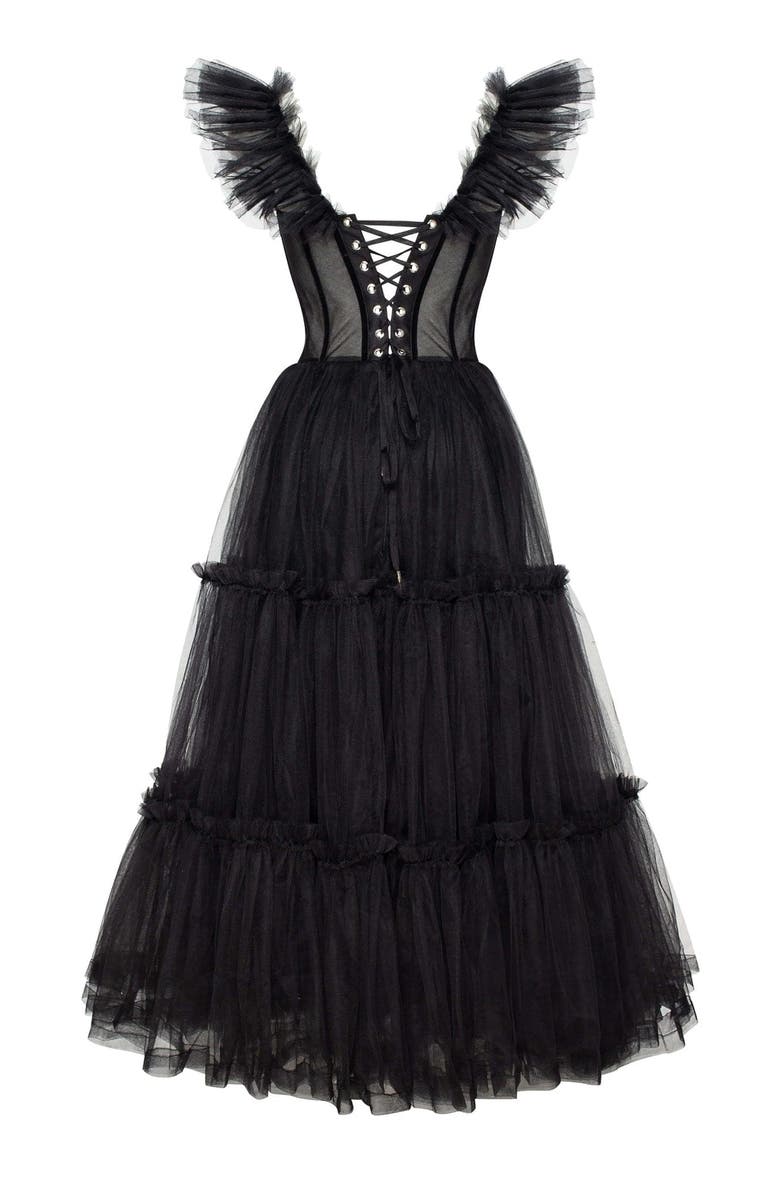 Milla Ruffled Tulle Midi Dress, Alternate, color, Black