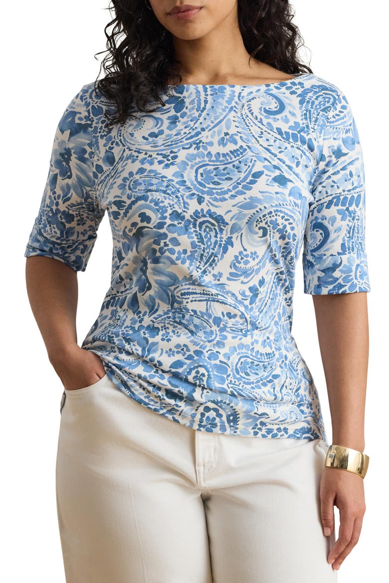 Paisley Print Boat Neck T-Shirt, Main, color, WHITE/ BLUE