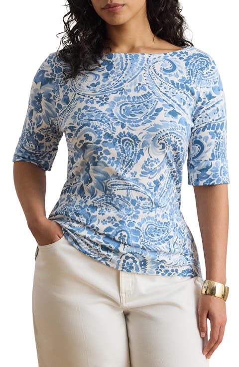 Paisley Print Boat Neck T-Shirt (Plus)