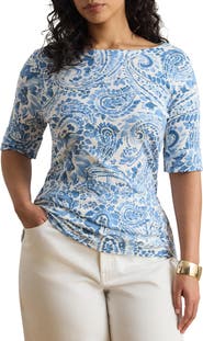 Lauren Ralph Lauren Paisley Print Boat Neck T-Shirt