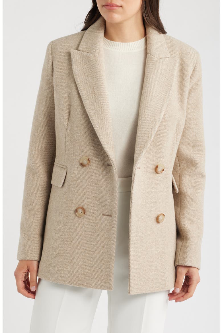 Herringbone Wool Double Breasted Coat, Alternate, color, BEIGE/ IVORY