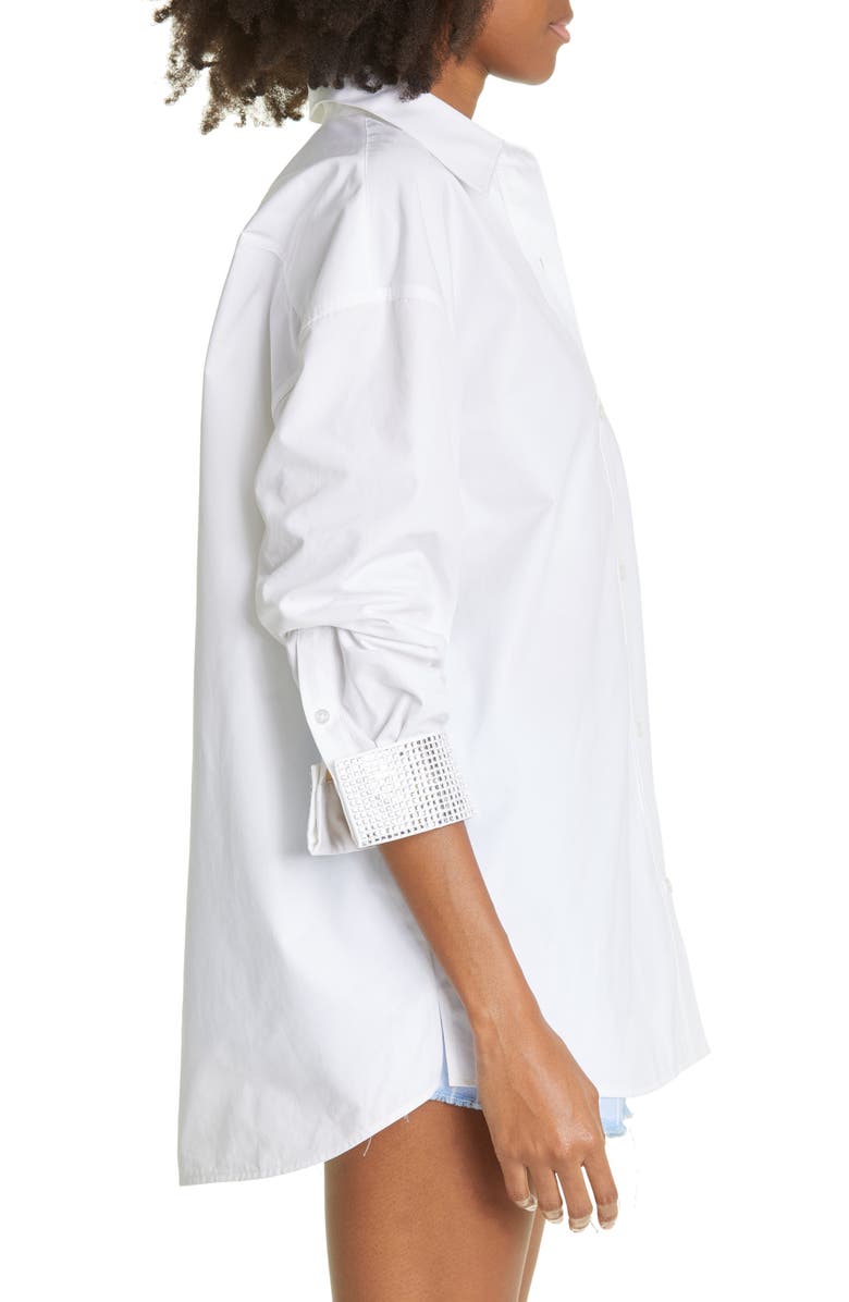 Alexander Wang Athena Oversize Crystal Cuff Cotton Poplin Button-Up Shirt, Alternate, color, 