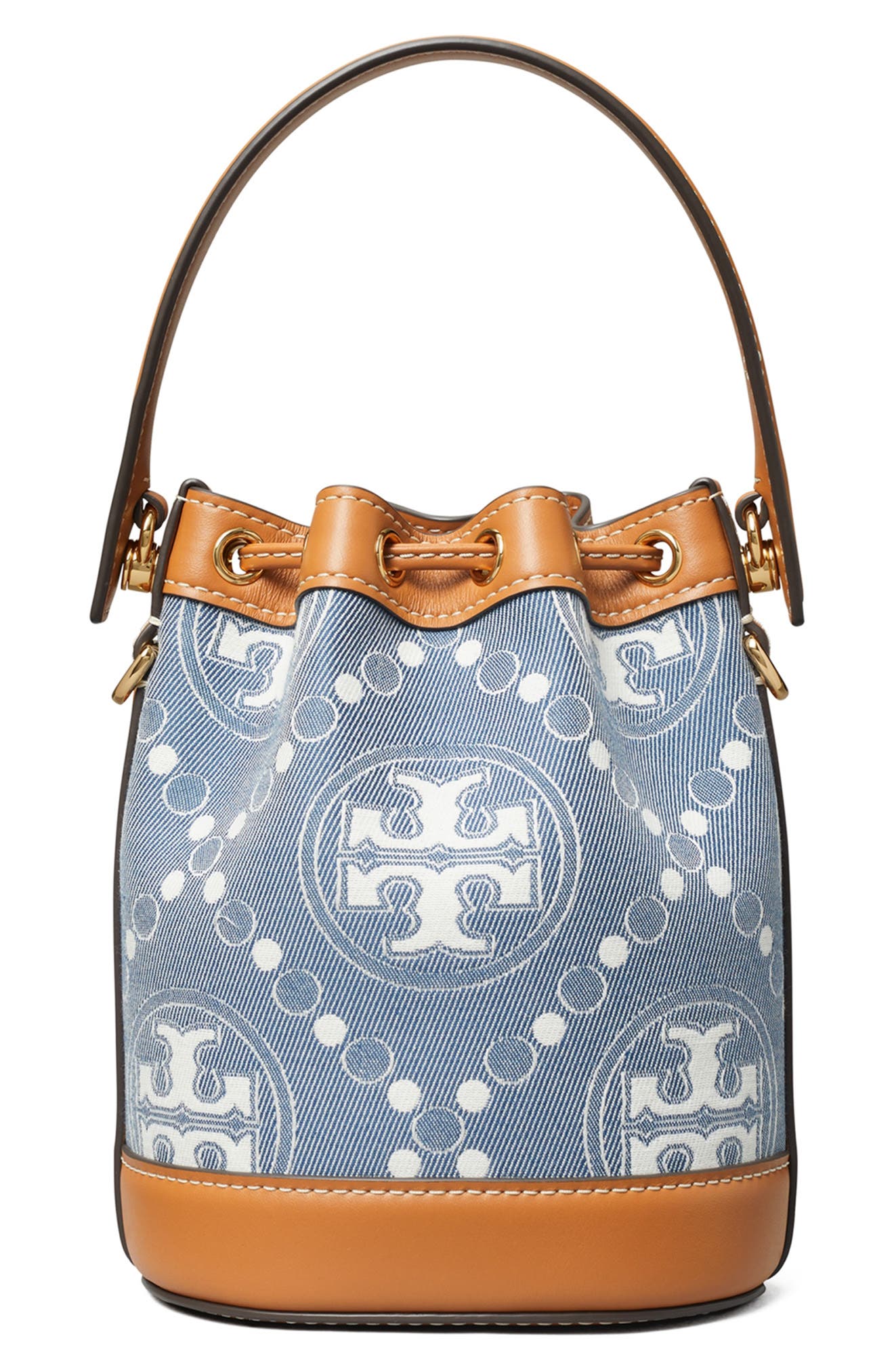 Tory Burch Mini T-Monogram Denim Bucket Bag, Alternate, color, 