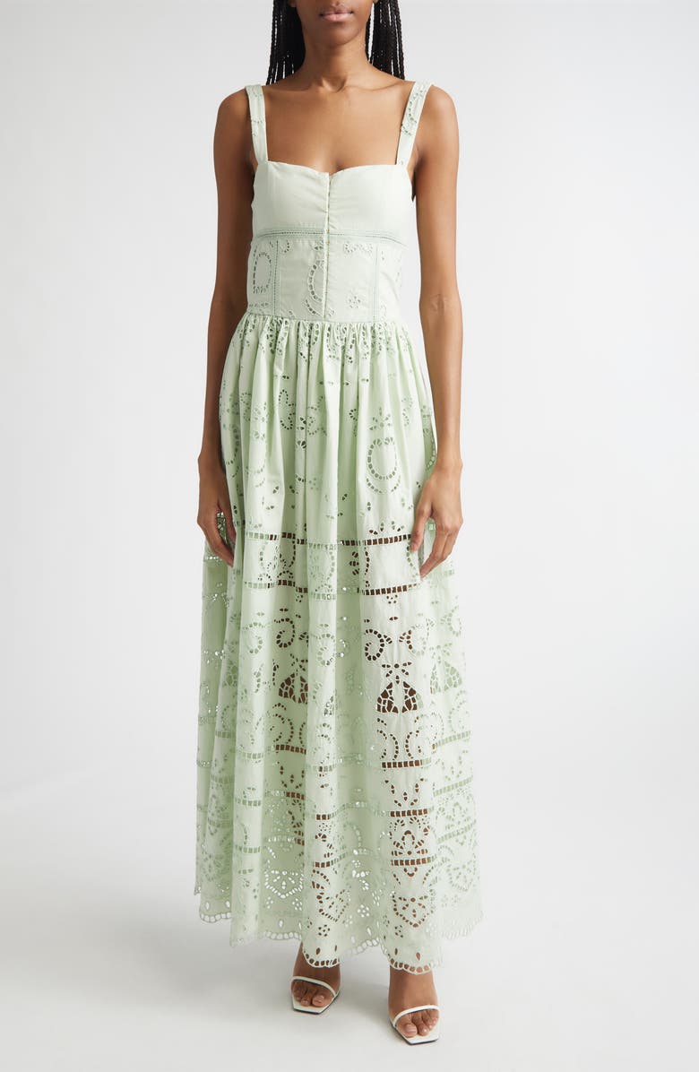Alice + Olivia Anya Embroidered Cotton Maxi Dress, Main, color, Light Sage