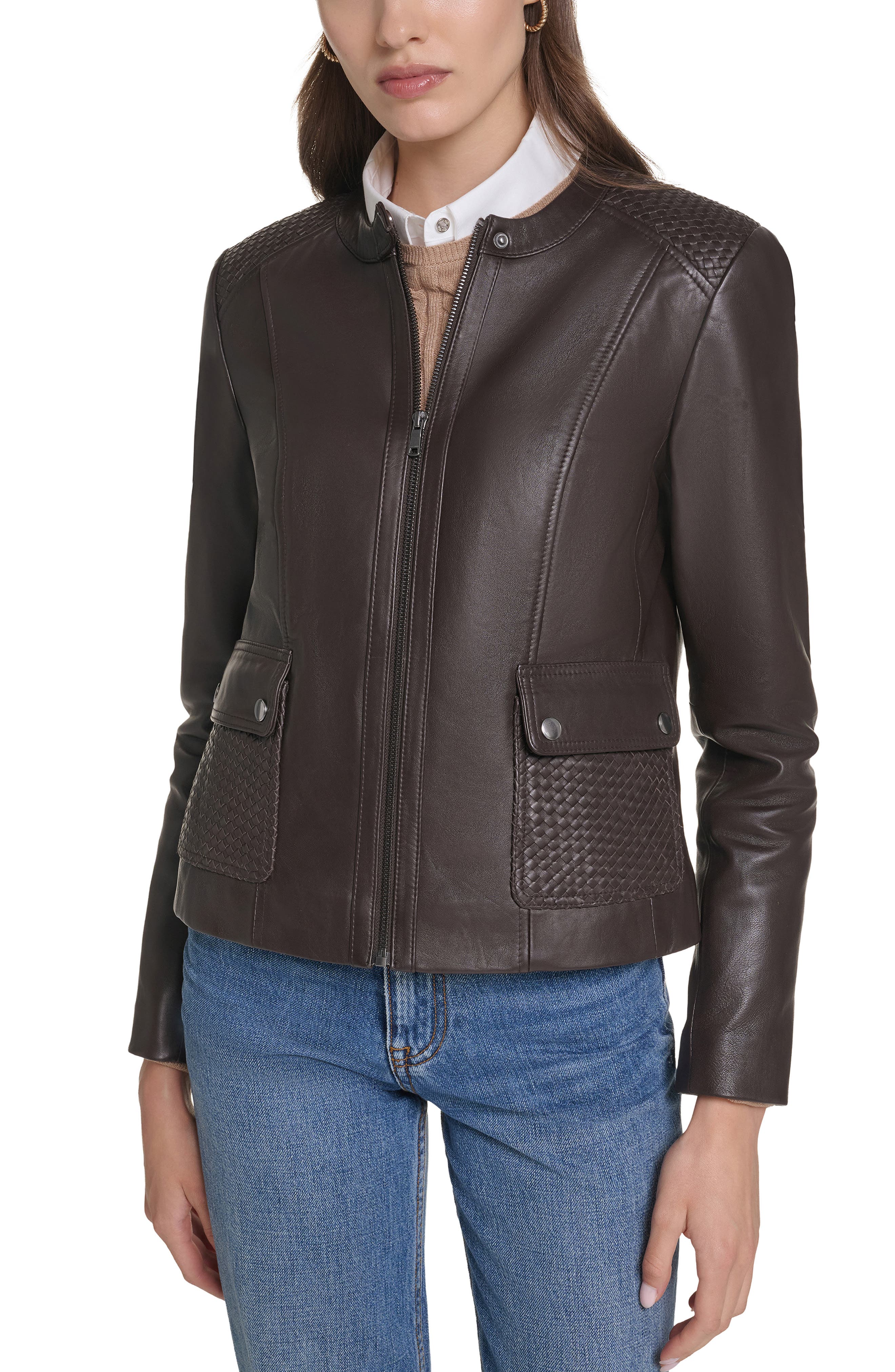 Woven Detail Leather Jacket