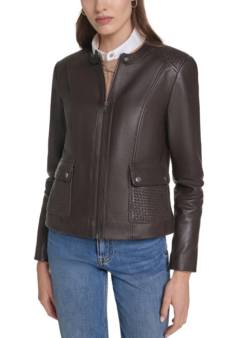 Woven Detail Leather Jacket, Main, color, DARK ESPRESSO