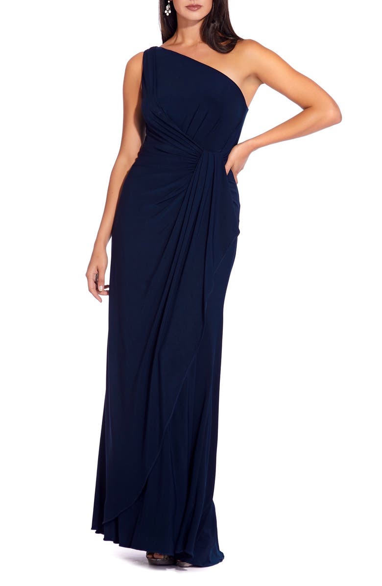 Adrianna Papell One-Shoulder Jersey Gown, Main, color, Midnight