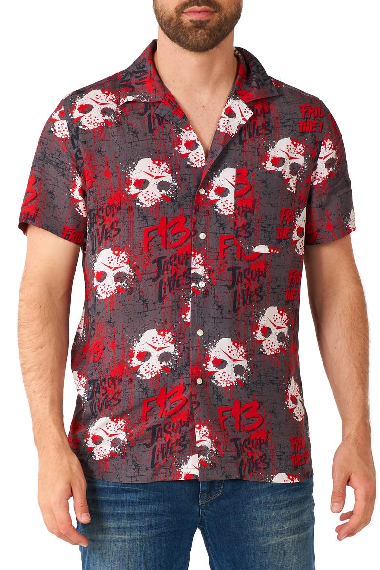 Friday the 13th Short Sleeve Button-Up Shirt, Main, color, BLACK