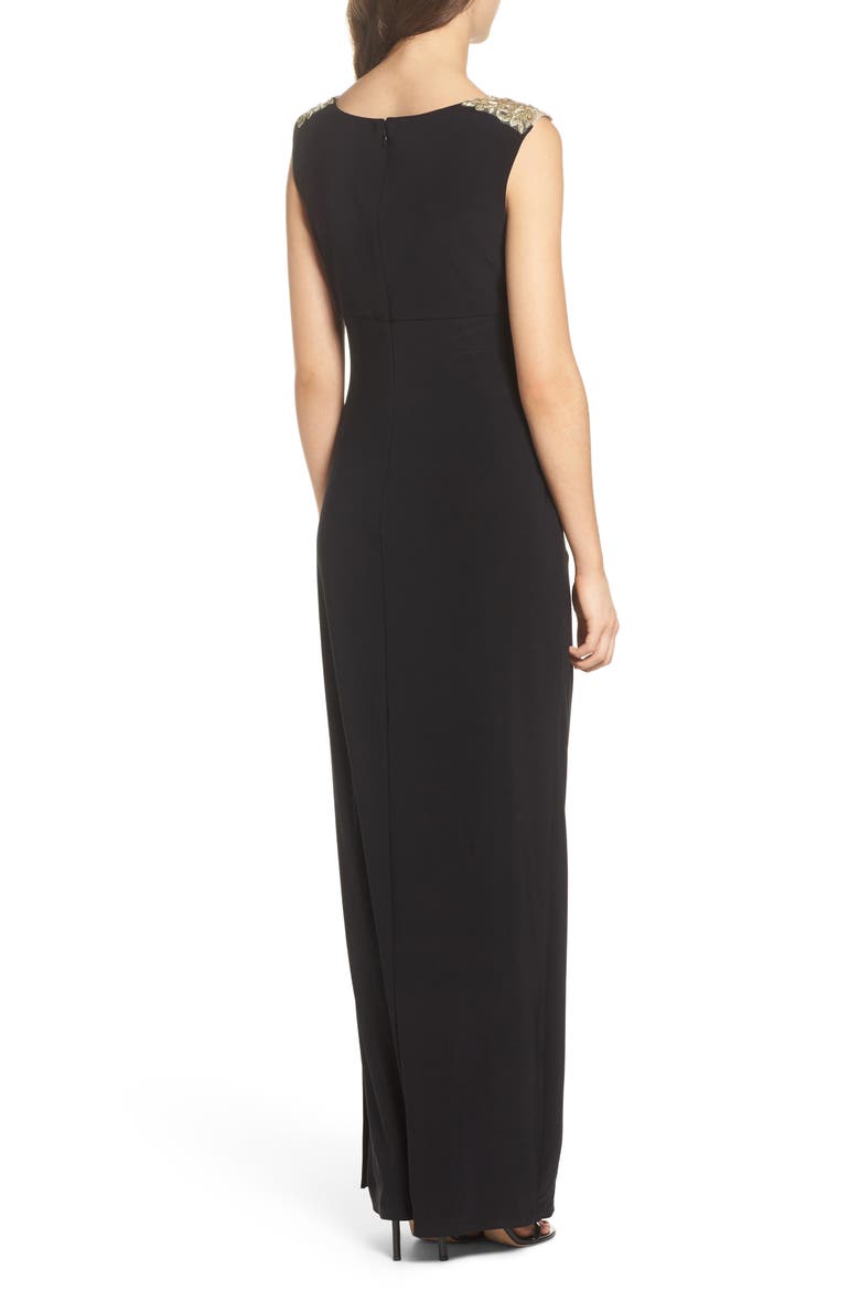 Embroidered Side Ruched Gown, Alternate, color, BLACK/ GOLD