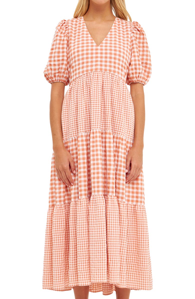 English Factory Mixed Gingham Tiered Dress, Alternate, color, Sienna