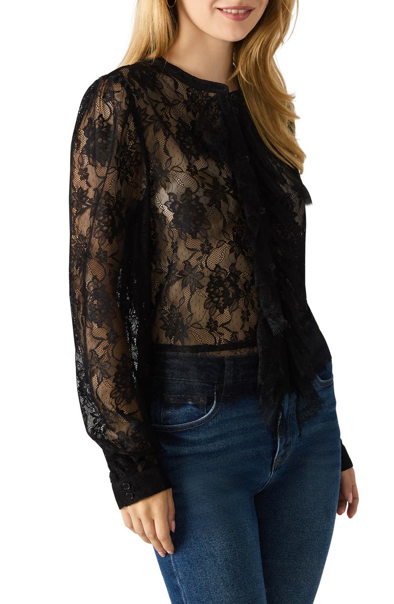 Steve Madden Colsie Sheer Lace Long Sleeve Shirt, Alternate, color, Black