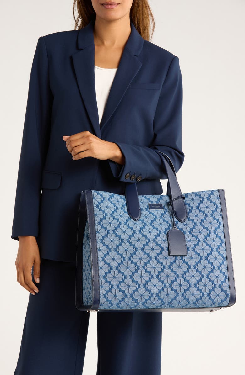 Kate Spade New York spade flower jacquard denim manhattan tote bag, Alternate, color, Parisian Navy Multi