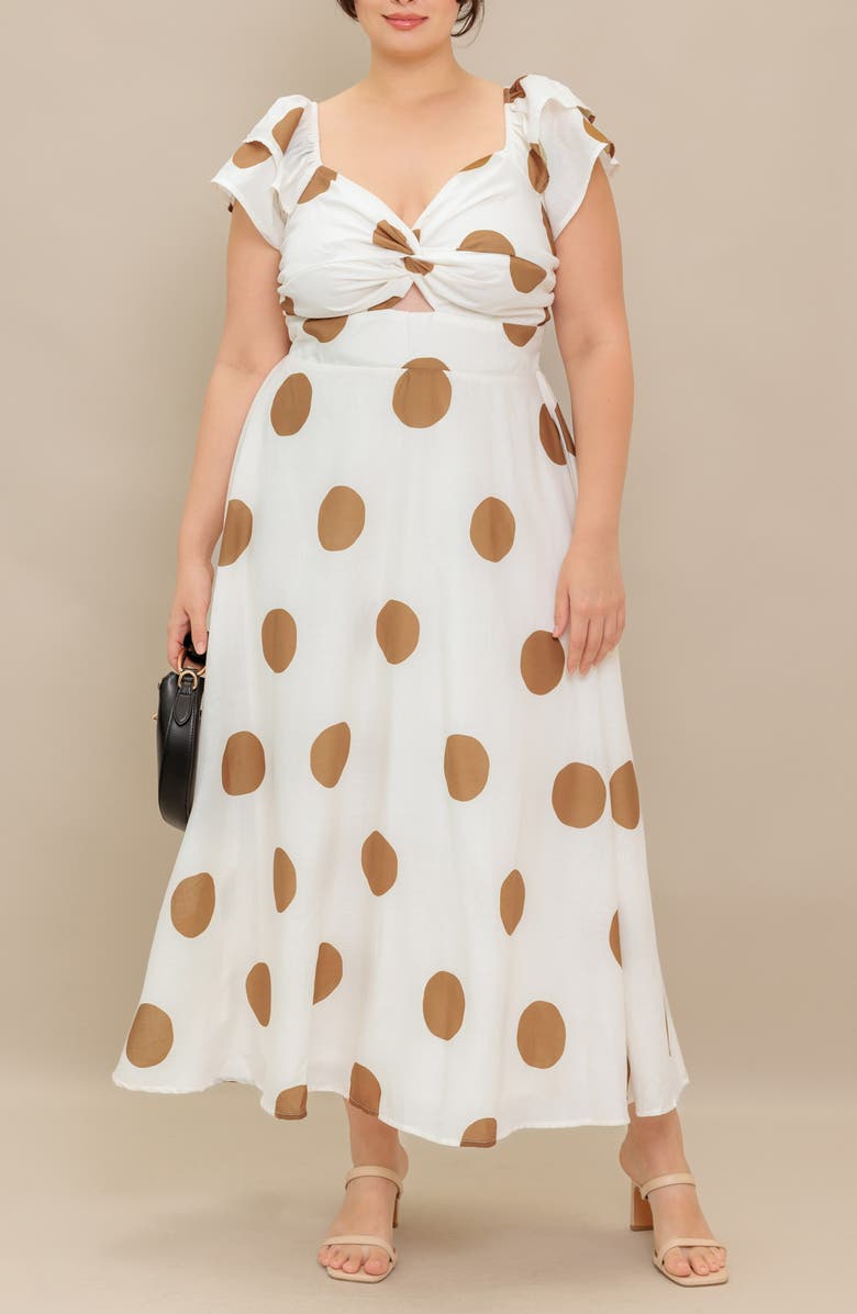 FLYING TOMATO Polka Dot Midi Dress, Main, color, Ivory/ Camel