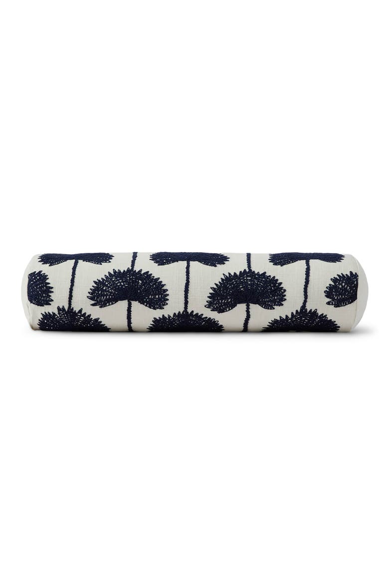 Palm Leaf Embroidered Cotton Bolster Pillow, Main, color, NAVY / OFF WHITE