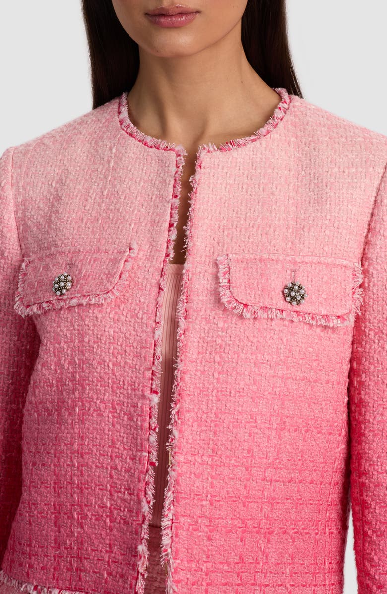 Alice + Olivia Dumont Fringe Trim Ombré Tweed Jacket, Alternate, color, 