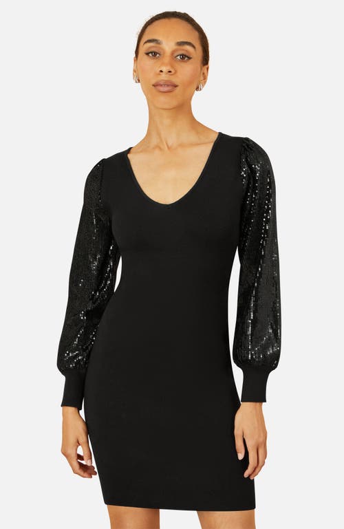 Yumi Knitted Fitted Dress With Sequin Sleeves In Black