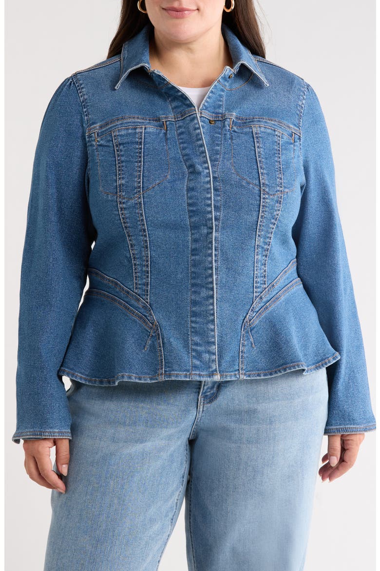 Peplum Denim Jacket, Alternate, color, MID BLUE